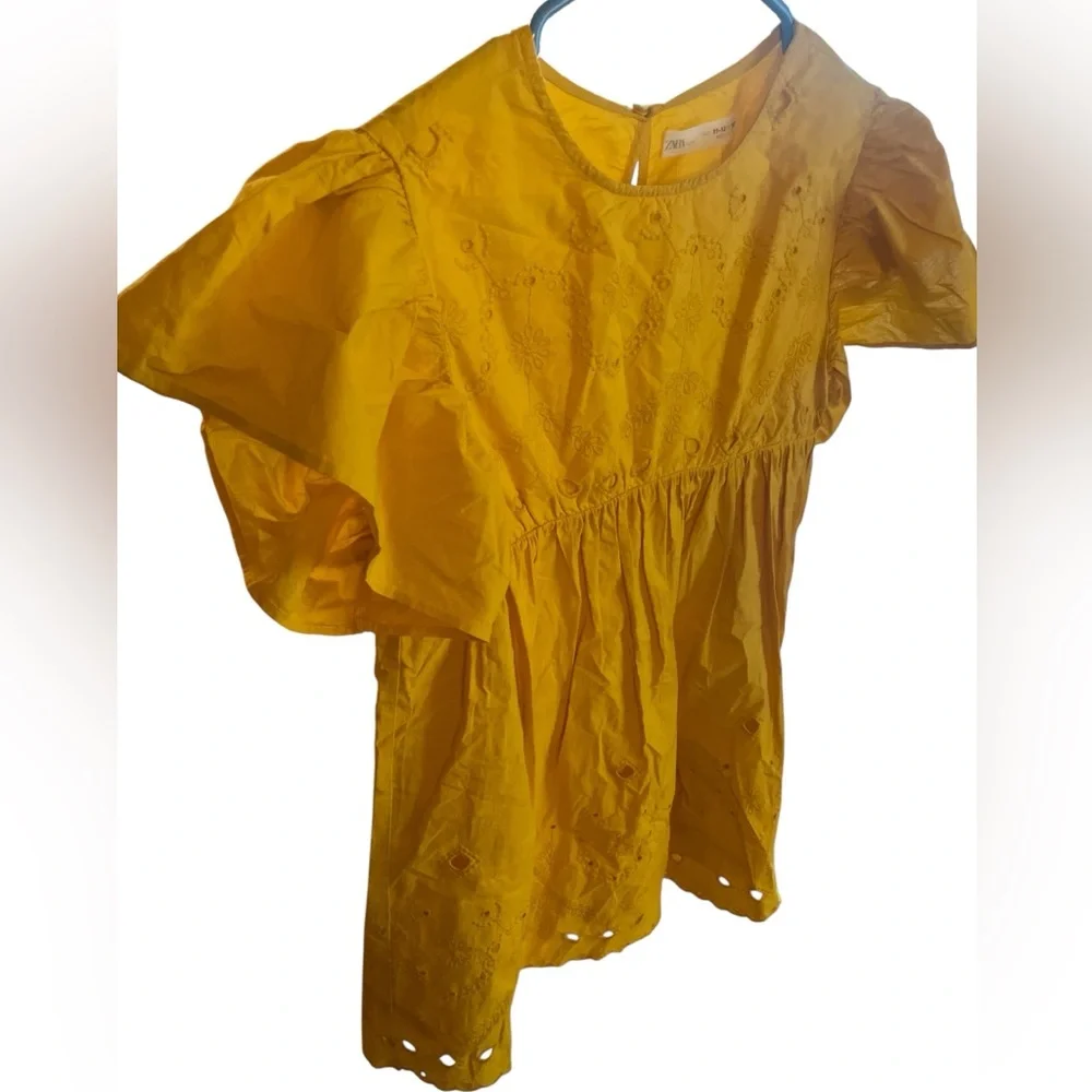 Zara Kids Yellow Embroidered Cotton Eyelet Dress Ruffle Sleeve Size 11-12 Boho